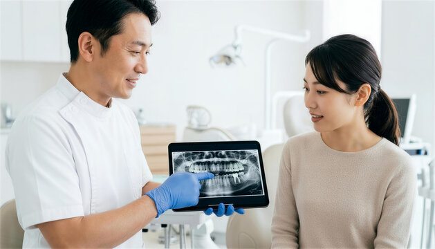 歯科医院の診察室でタブレットのレントゲン画像を見せながら女性患者に説明する歯科医