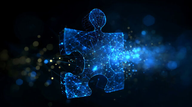 A close-up view of a glowing puzzle piece surrounded by connected points and particles, depicting a concept of network and connection. The background is a mix of dark and bright shades.