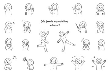 カジュアルな女性の表情バリエーション｜線画の使いやすい人物イラスト素材集 © FukuchiFactory