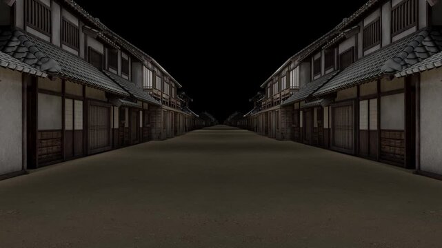 夜の江戸時代の町並みを高速で抜けていく、4K画質のループ素材
