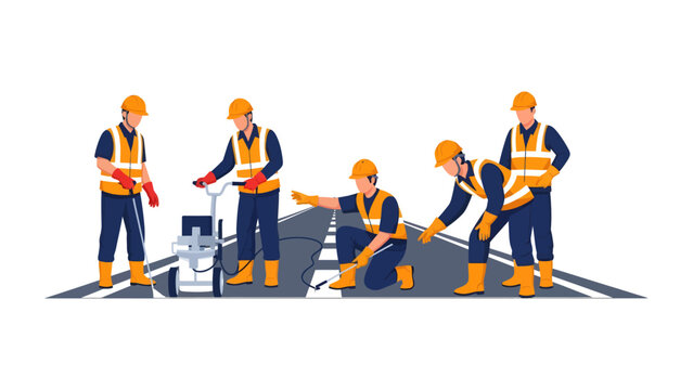 Roadwork crew: A team of dedicated road workers are diligently working together to mark the road to ensure order and safety.