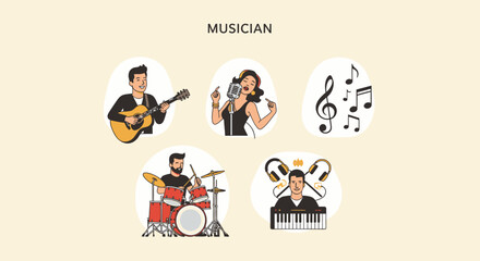 1 set of vector icons depicting Musician playing various musical instruments. © Faisal