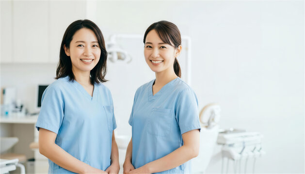 歯科医院の診察室で並んで笑顔を見せる二人の女性スタッフ