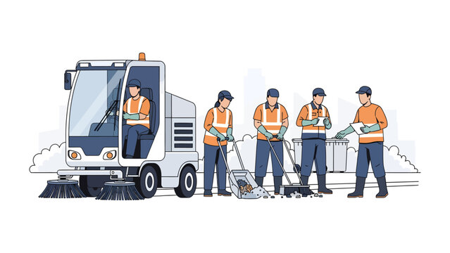 City Cleaning Crew at Work: A diligent city cleaning crew efficiently working to maintain a clean environment, with a street sweeper and a group of sanitation workers working in unison.