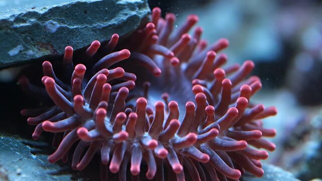 Vivid rose tipped sea anemone cluster spreading from coastal rock in luminous underwater macro detail, organic tentacle forms creating a surreal reef portrait with soft motion and marine texture