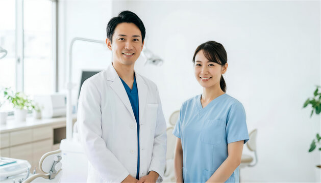 歯科医院で並んで笑顔を見せる男性歯科医と女性歯科衛生士