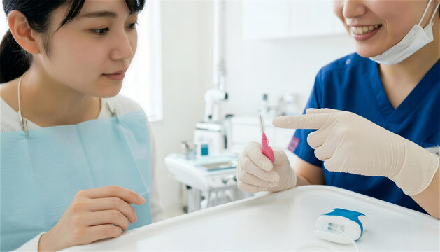 歯科医院で歯間ブラシとデンタルフロスの使い方を女性患者に説明する歯科衛生士