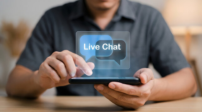 Man using smartphone with live chat on screen chatting online with customer support or friend