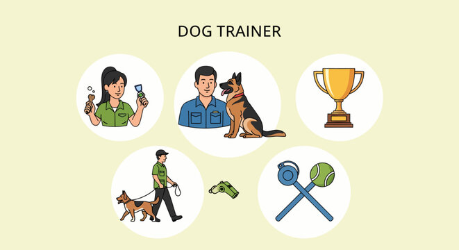 Illustration Set of Professional dog trainer with happy canine.