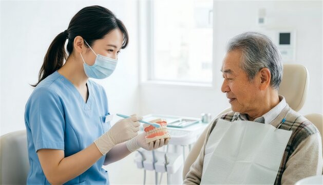 歯科医院でシニア男性患者に歯磨き指導をするマスク姿の歯科衛生士