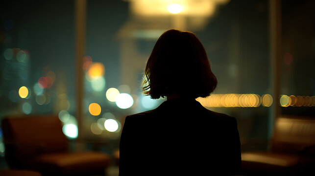 A silhouette of a woman looking out a window at night, contemplating