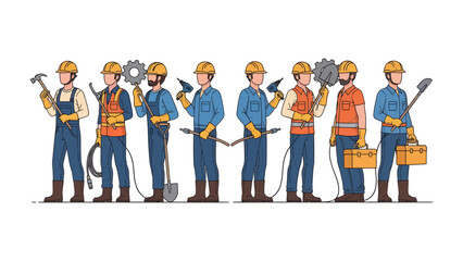 Fototapeta premium Construction Crew: A team of construction workers stand confidently, each showcasing their specific tools, symbolizing skill and teamwork in building structures. 