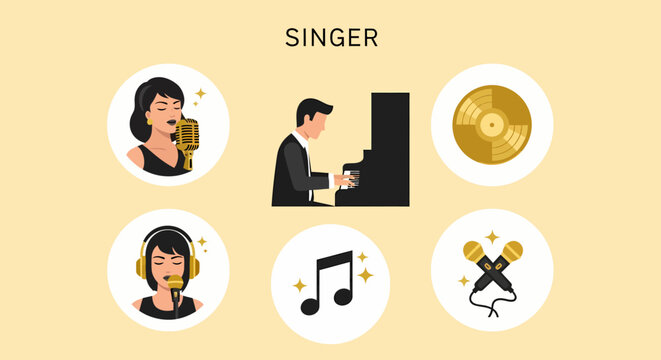 Modern Flat illustration of Woman singing into a microphone 1.