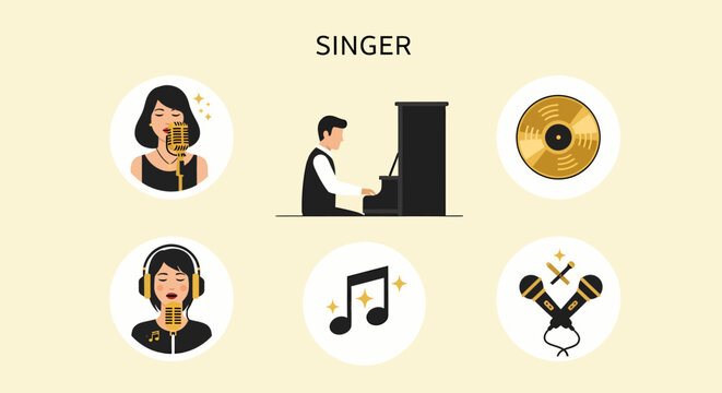 Illustration Set of Woman singing into a microphone 2.