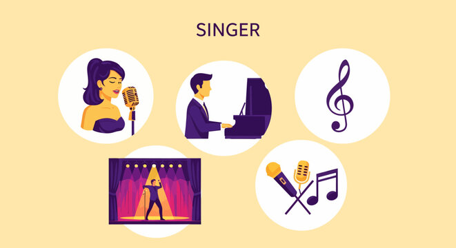 Modern Flat illustration of Woman singing with microphone on stage.