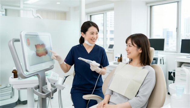 歯科医院で口腔内スキャナーの画像をモニターで見せながら女性患者に説明する歯科衛生士