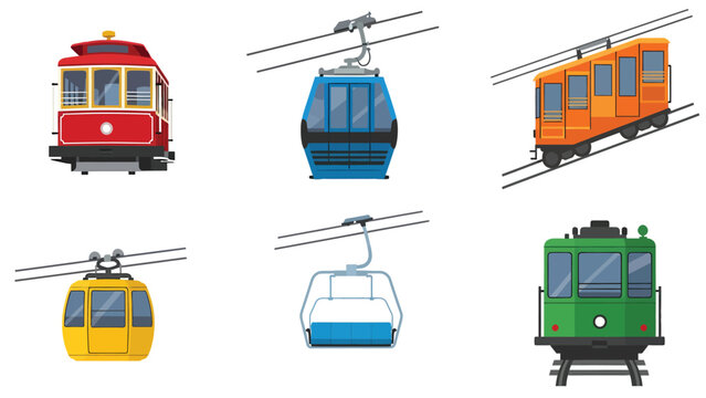Diverse Cable Cars, Funiculars & Trams Set. Vector Icons of Mountain & Urban Transport Vehicles Collection.