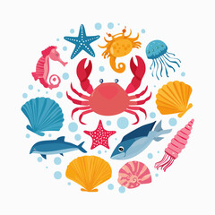 Naklejka premium Colorful collection of cute sea animals and shells forming a circular marine life graphic