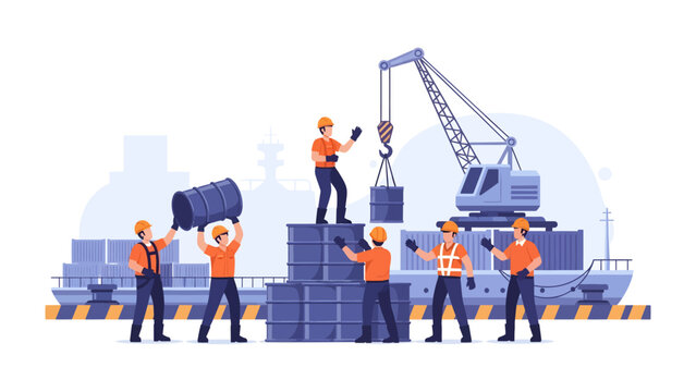 Harmony of Industry: A vibrant scene of workers diligently managing cargo, showcasing the synchronized effort and precision that underpins the industry.