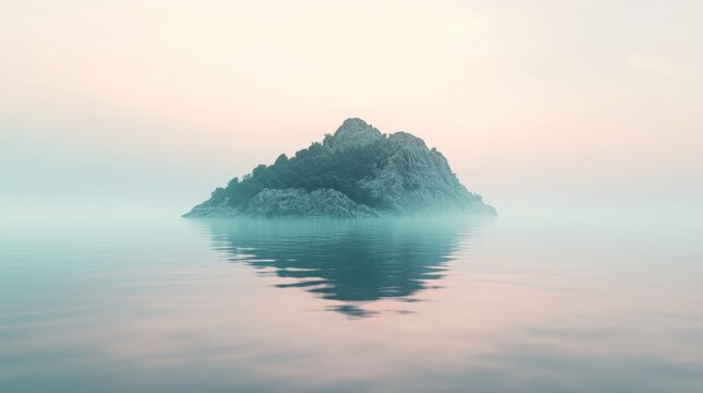 misty island in the middle of calm ocean, early morning fog, generative ai
