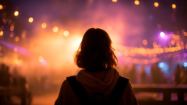 A person stands facing a vibrant, festive atmosphere, backlit by a multitude of lights. The ambiance suggests a lively event. 
