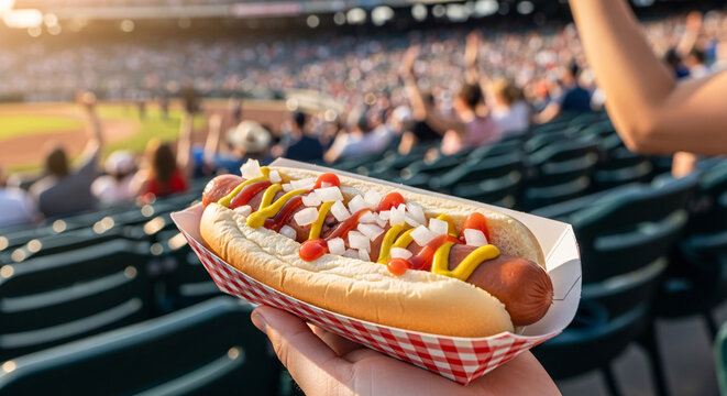 Ballpark hot dog with mustard ketchup and onions in stadium seats