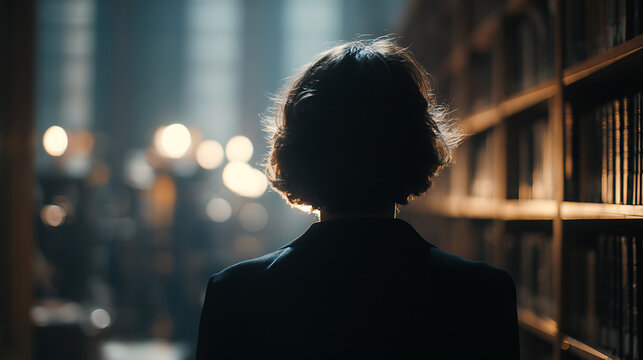 A person standing in front of the bookshelf. Silhouette of person standing in a library, surrounded by bookshelves