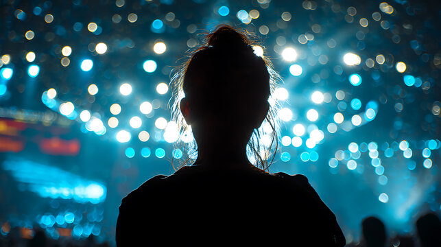 A person in a concert with a stage full of lights