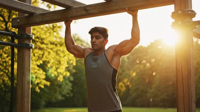 Man Doing Pull Ups Outdoors in the Park During Golden Hour.