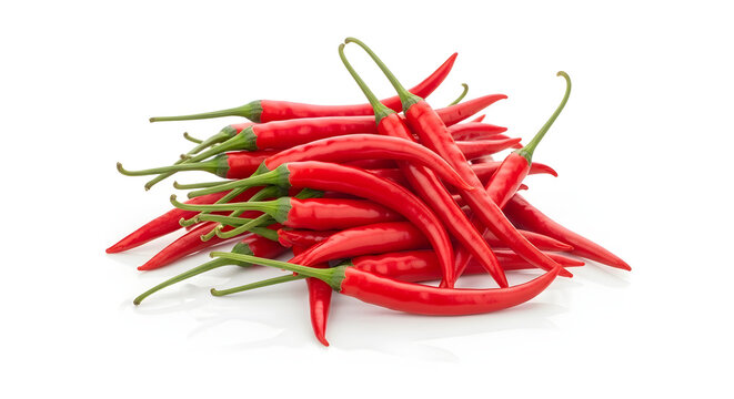 A vibrant pile of red chili peppers on a white background