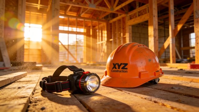 Orange Hard Hat with XYZ Construction Logo and Headlamp in Sunlit Building Site safety
