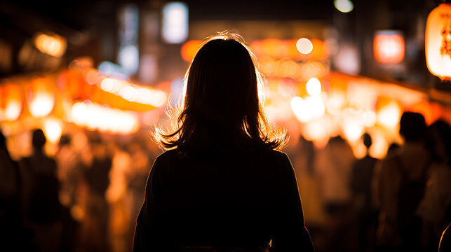A woman observing the vibrant nightlife and bustling crowd of a cityscape at dusk. The warm glow of the lights provides a stark contrast against the dark surroundings