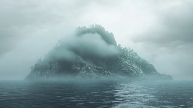 mysterious island covered in thick fog, barely visible trees, generative ai