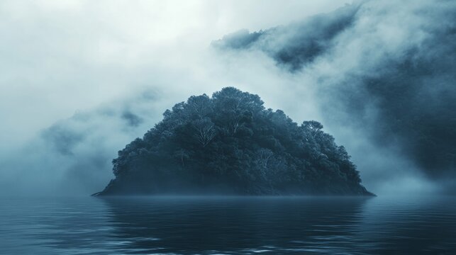mysterious island covered in thick fog, barely visible trees, generative ai
