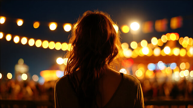 A woman stands, gazing out at a bright display of lights, immersed in thought and contemplation