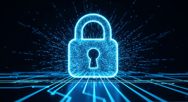Cyber security and digital data protection concept with glowing blue padlock icon
