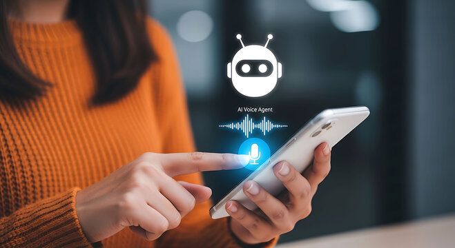 Woman using AI voice agent on smartphone for smart home and virtual assistance