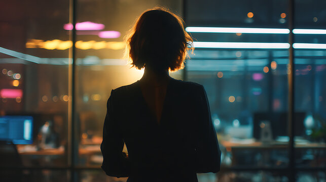A silhouette of a person standing, gazing out an office window, immersed in thought