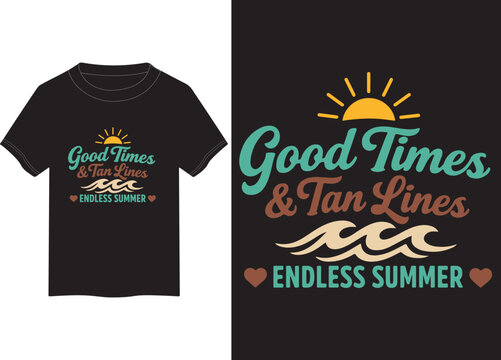 Black t-shirt featuring a colorful summer-themed graphic with the text good times and tan lines.