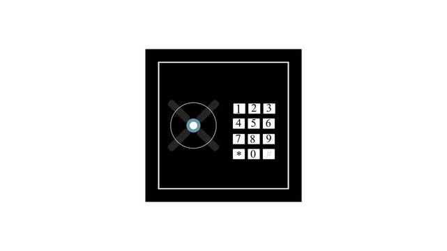 A simple flat of a black security safe with a silver dial and a numerical keypad displaying numbers one through seven on a clean white background