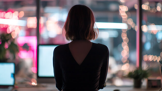 A woman thoughtfully gazing out the window at the night scene