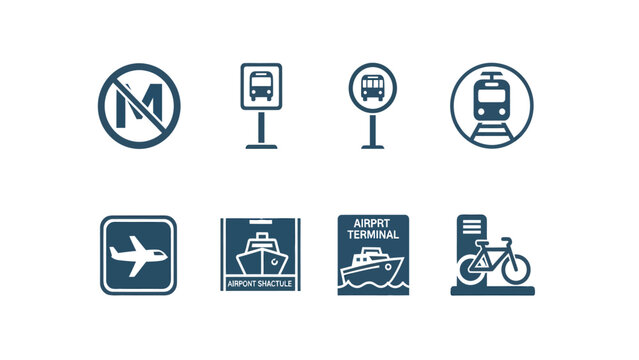 Public Transportation & Travel Icons Set: Bus, Train, Airport, Ferry, Bicycle, No Motor Vehicles Signs