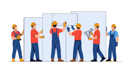 Obraz premium Construction Crew: A team of skilled workers, united in their task, meticulously install prefabricated panels, their focused efforts reflecting precision and collaborative craftsmanship.
