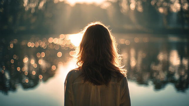 A woman standing and looking at a beautiful lake at sunset