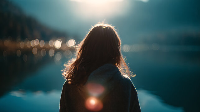 A solitary woman observing a calm lake with the sun setting behind her