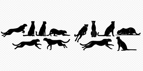 Fototapeta premium Collection of cheetah silhouettes in various poses including running, sitting, and stalking, depicting speed and agility of big cats.