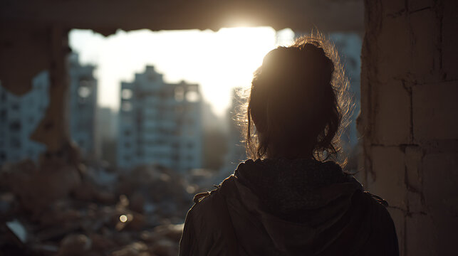 A woman standing in the ruins of a city, with the sun setting behind her