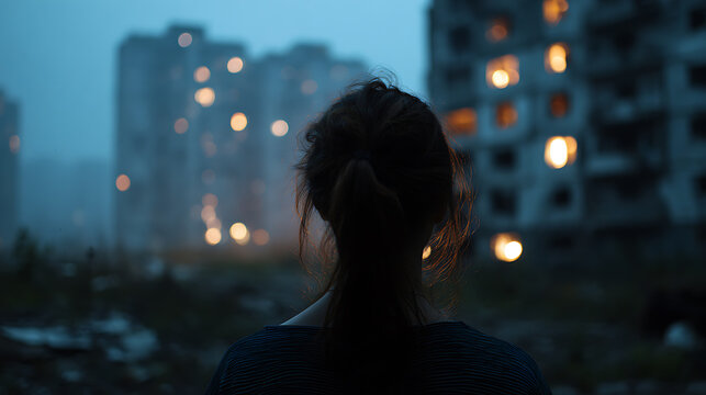 A woman contemplates a dystopian city, embodying the essence of solitude