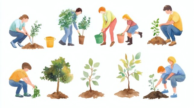 Watercolor illustration of people planting and caring for young trees and seedlings, showing various stages of planting with tools and watering, bright and gentle style