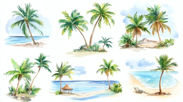 Watercolor illustrations of tropical palm trees and beach scenes on white background, varied compositions